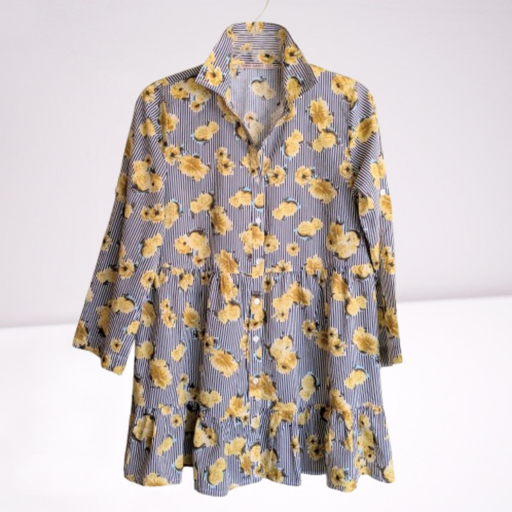 Dress Addict Yellow Rose Of Texas Roll Tab Sleeve Shirt Dress Stripes Floral